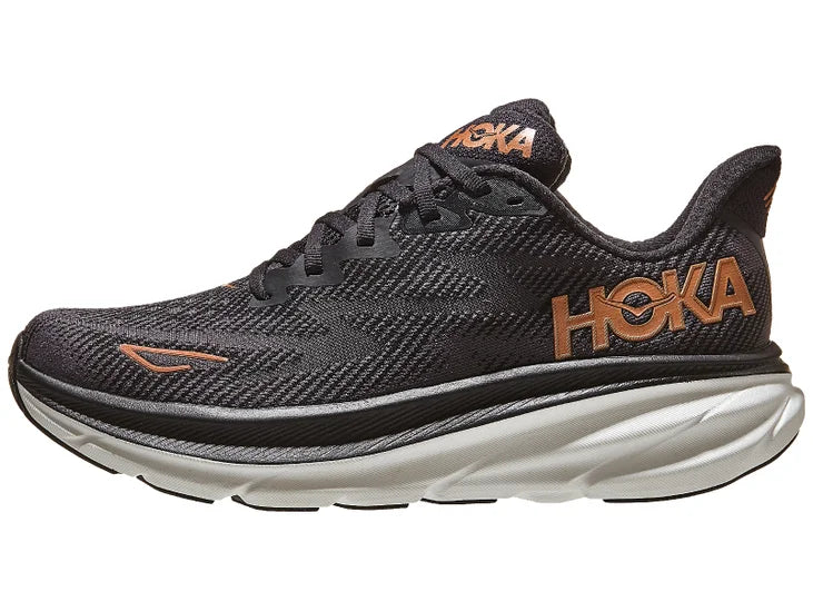 Women's Hoka Clifton 9. Black upper. Black/Grey midsole. Lateral view.