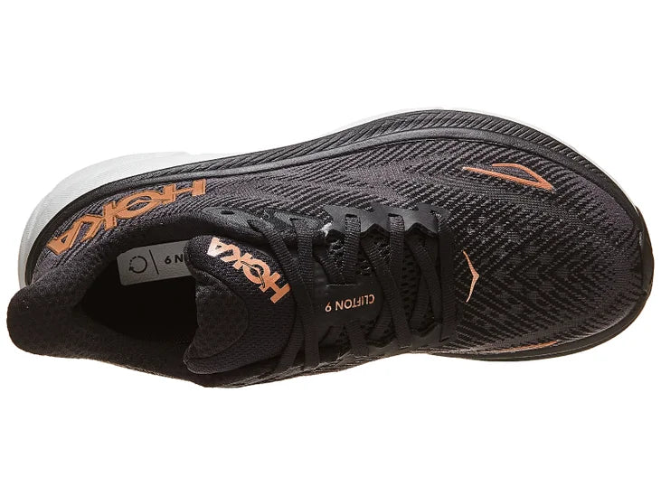 Women's Hoka Clifton 9. Black upper. Black/Grey midsole.Top view.