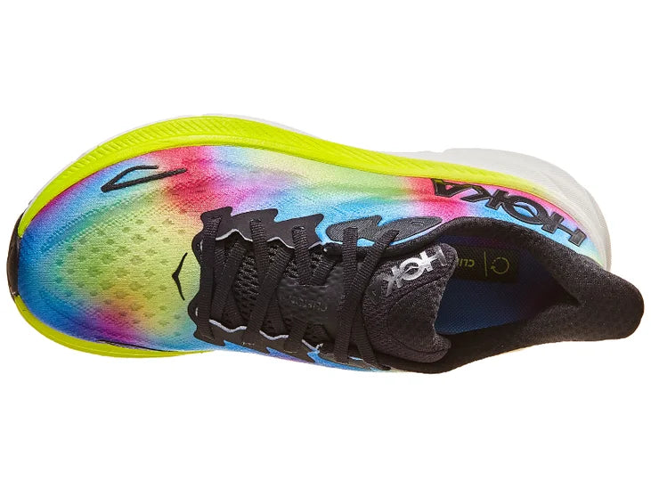 Women's Hoka Clifton 9. Multicolored upper. White/yellow midsole. Top view.