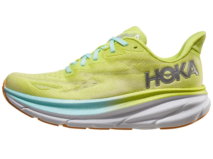 Women's Hoka Clifton 9. Light green upper. White midsole. Lateral view.