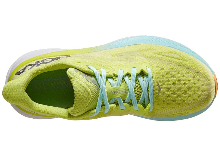 Women's Hoka Clifton 9. Light green upper. White midsole. Top view.