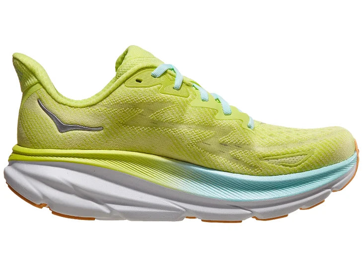 Women's Hoka Clifton 9. Light green upper. White midsole. Medial view.