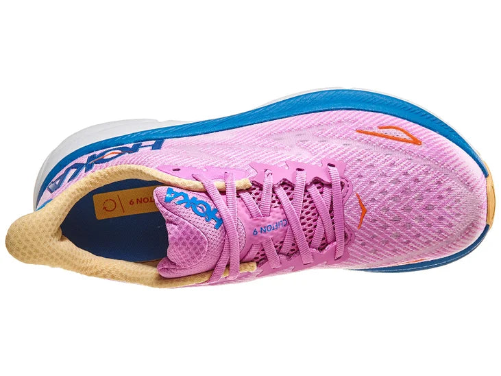 Women's Hoka Clifton 9. Pink upper. Blue/White midsole. Top view.