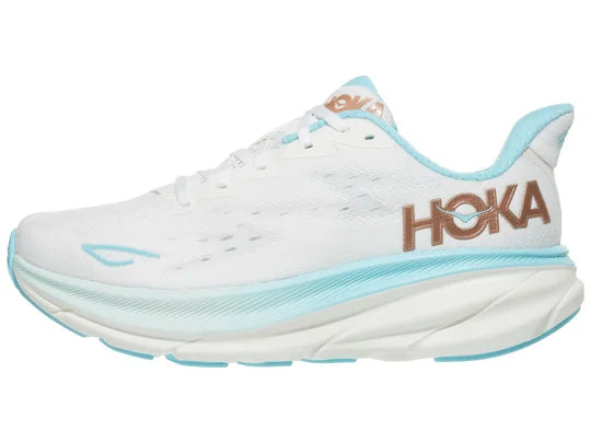 Women's Hoka Clifton 9. White upper. White midsole. Lateral view.