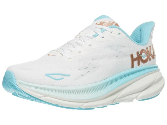 Women's Hoka Clifton 9. White upper. White midsole. Lateral view.