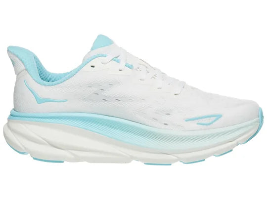 Women's Hoka Clifton 9. White upper. White midsole. Medial view.