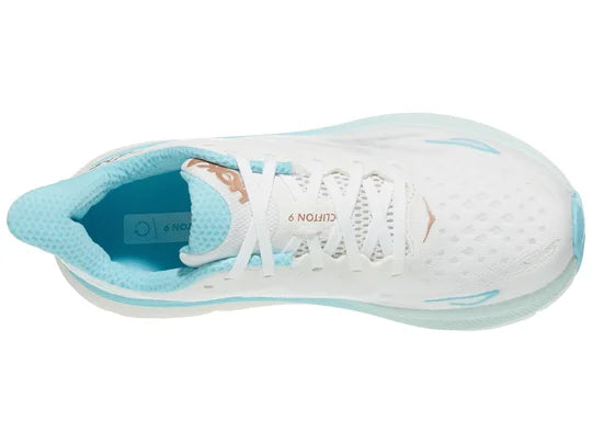 Women's Hoka Clifton 9. White upper. White midsole. Top view.