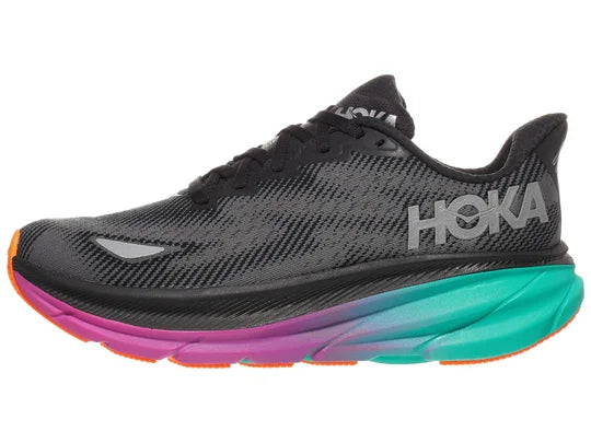 Women's Hoka Clifton 9 GTX. Black upper. Green/Pink midsole. Lateral view.