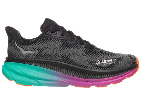 Women's Hoka Clifton 9 GTX. Black upper. Green/Pink midsole. Medial view.