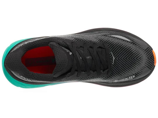 Women's Hoka Clifton 9 GTX. Black upper. Green/Pink midsole. Top view.