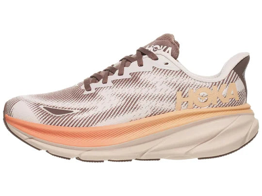 Women's Hoka Clifton 9 GTX. White/Brown upper. White/Pink midsole. Lateral view.