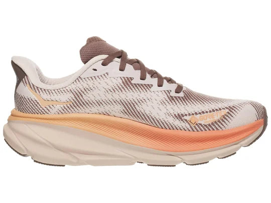 Women's Hoka Clifton 9 GTX. White/Brown upper. White/Pink midsole. Medial view.