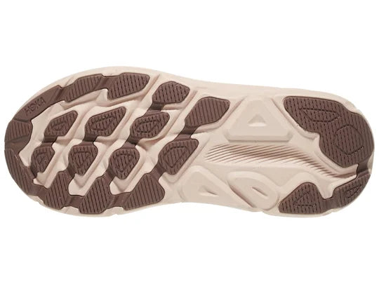 Women's Hoka Clifton 9 GTX. White/Brown upper. White/Pink midsole. Bottom view.