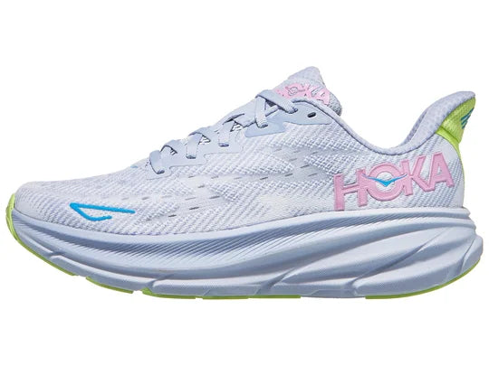 Women's Hoka Clifton 9. Blue upper. Blue midsole. Lateral view.