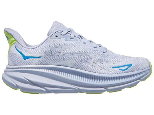 Women's Hoka Clifton 9. Blue upper. Blue midsole. Medial view.