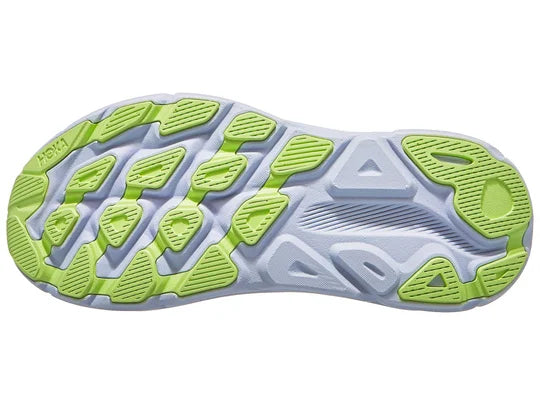 Women's Hoka Clifton 9. Blue upper. Blue midsole. Bottom view.