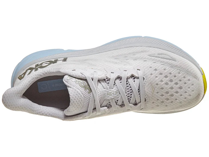 Women's Hoka Clifton 9. White upper. Light blue/White midsole. Top view.