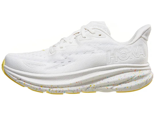 Womens Hoka Clifton 9. White upper. White speckled midsole. Lateral view.