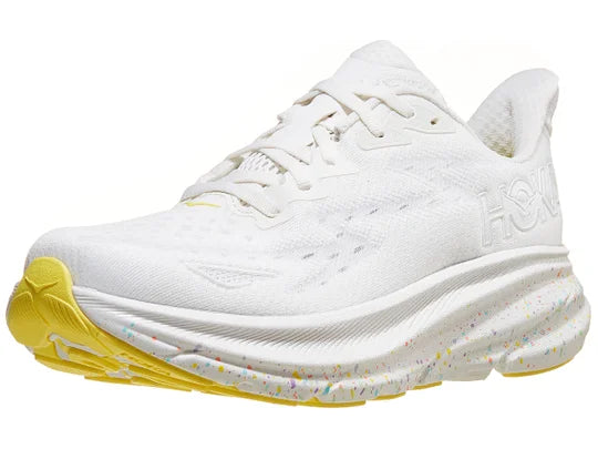 Womens Hoka Clifton 9. White upper. White speckled midsole. Lateral view.