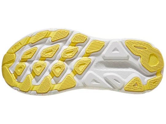 Womens Hoka Clifton 9. White upper. White speckled midsole. Top view.