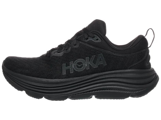 Women's Hoka Gaviota 5. Black upper. Black midsole. Lateral view.