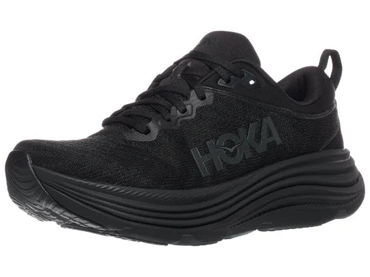 Women's Hoka Gaviota 5. Black upper. Black midsole. Lateral view.