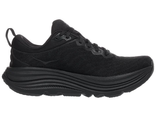 Women's Hoka Gaviota 5. Black upper. Black midsole. Medial view.