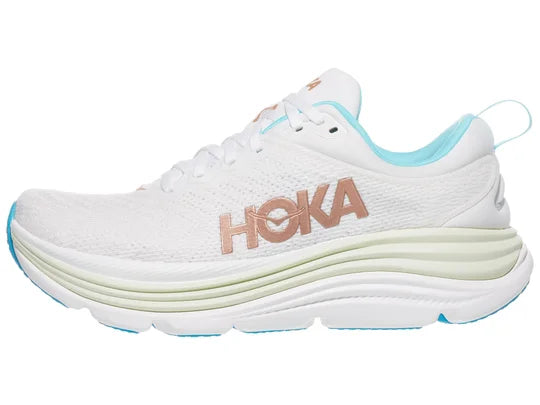 Women's Hoka Gaviota 5. White upper. White midsole. Lateral view.