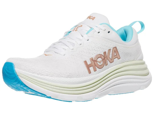 Women's Hoka Gaviota 5. White upper. White midsole. Lateral view.