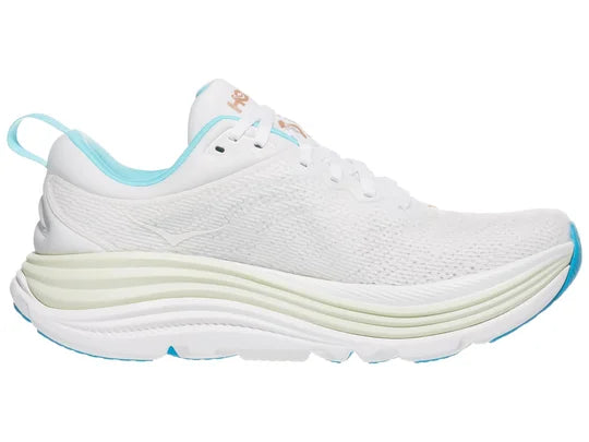 Women's Hoka Gaviota 5. White upper. White midsole. Medial view.