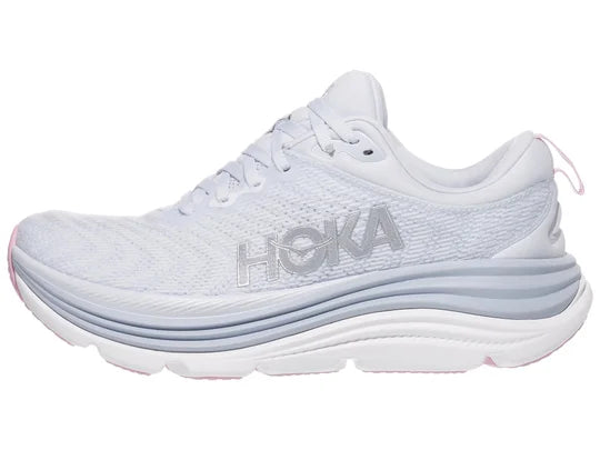 Women's Hoka Gaviota 5. Light Blue upper. White midsole. Lateral view.