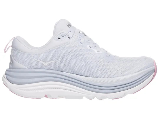 Women's Hoka Gaviota 5. Light Blue upper. White midsole. Medial view.