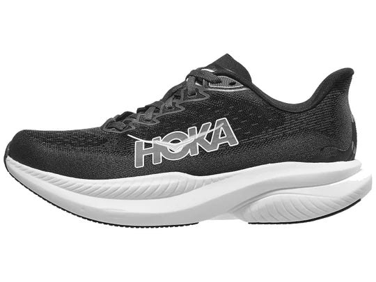 Women's Hoka Mach 6. Black upper. White midsole. Lateral view.