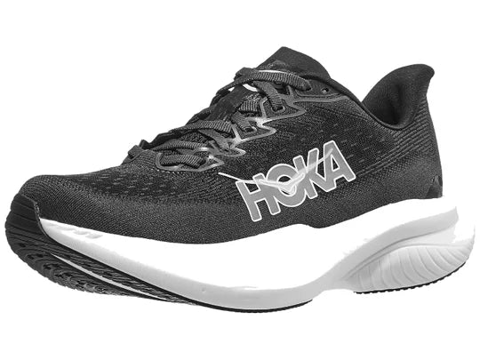 Women's Hoka Mach 6. Black upper. White midsole. Lateral view.