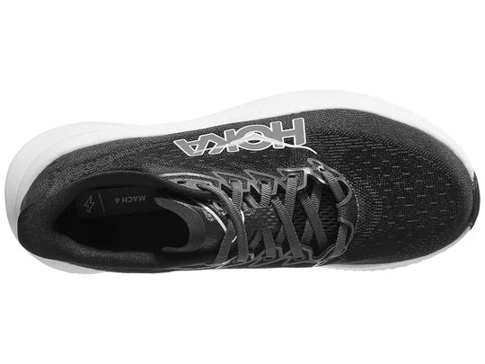 Women's Hoka Mach 6. Black upper. White midsole. Top view.