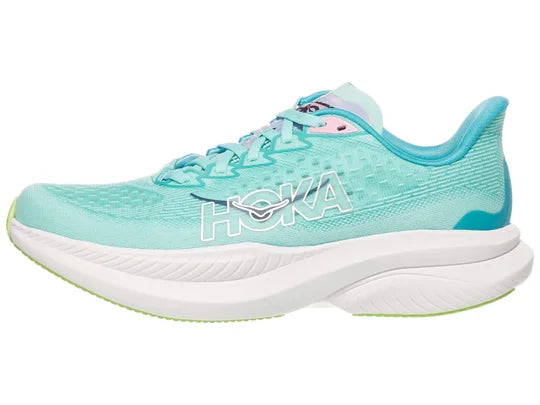 Women's Hoka Mach 6. Blue/Green upper. White midsole. Lateral view.