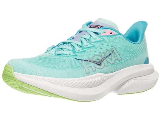 Women's Hoka Mach 6. Blue/Green upper. White midsole. Lateral view.