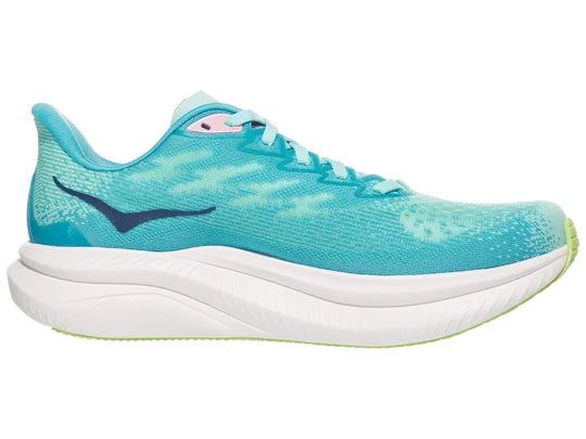 Women's Hoka Mach 6. Blue/Green upper. White midsole. Medial view.