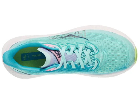 Women's Hoka Mach 6. Blue/Green upper. White midsole. Top view.