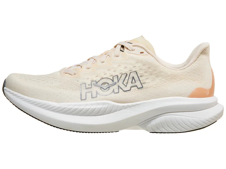 Women's Hoka Mach 6. Off White upper. White midsole. Lateral view.