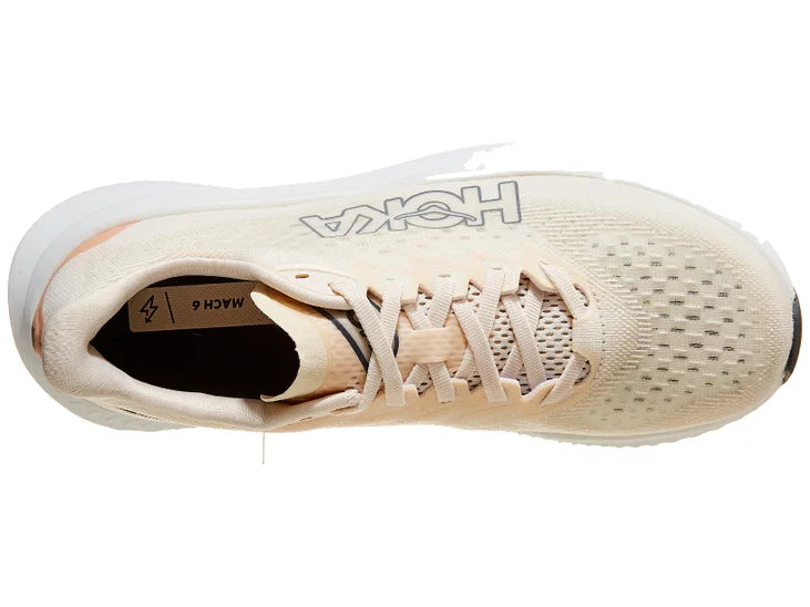 Women's Hoka Mach 6. Off White upper. White midsole. Top view.