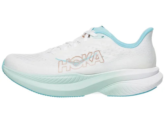 Women's Hoka Mach 6. White upper. Light Green midsole. Lateral view.