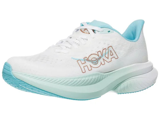 Women's Hoka Mach 6. White upper. Light Green midsole. Lateral view.