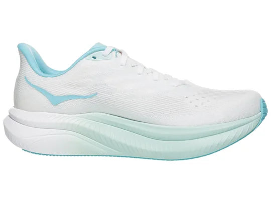 Women's Hoka Mach 6. White upper. Light Green midsole. Medial view.