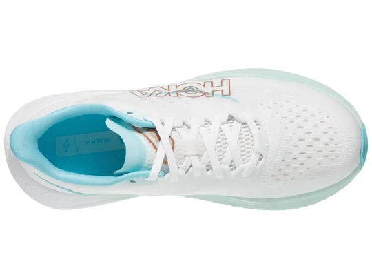 Women's Hoka Mach 6. White upper. Light Green midsole. Top view.