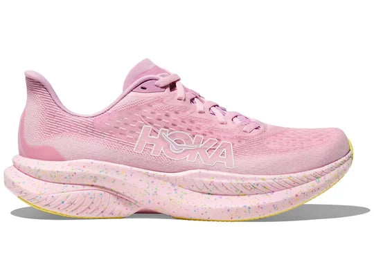 Womens Hoka Mach 6. Pink upper. Pink speckled midsole. Lateral view.