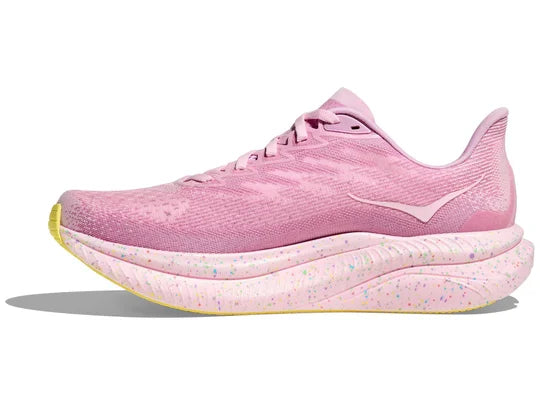 Womens Hoka Mach 6. Pink upper. Pink speckled midsole. Medial view.