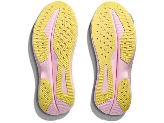 Womens Hoka Mach 6. Pink upper. Pink speckled midsole. Bottom view.