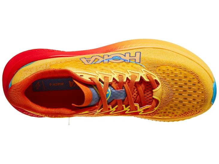 Women's Hoka Mach 6. Orange upper. Orange/Red midsole. Top view.