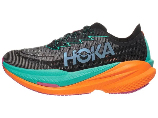 Women's Hoka Mach X2. Black upper. Orange midsole. Lateral view.